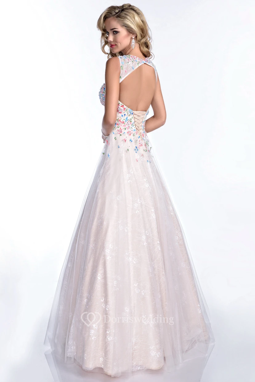 A-Line Sleeveless Bateau Neck Lace Prom Dress Featuring Keyhole Back And Jewels view 2