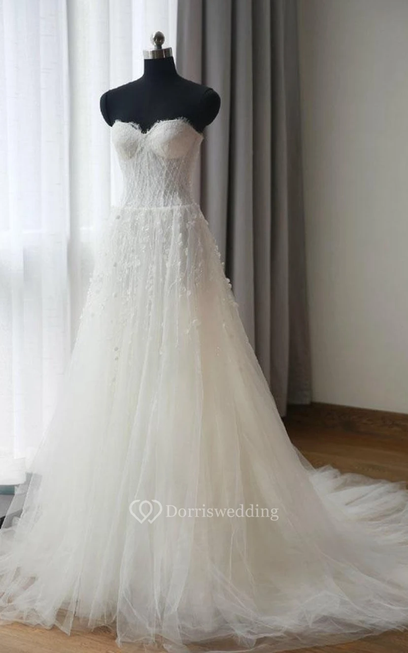 A-Line Tea-Length Sweetheart Sleeveless Bell Flower Zipper Keyhole Tulle Lace Satin Dress view 3