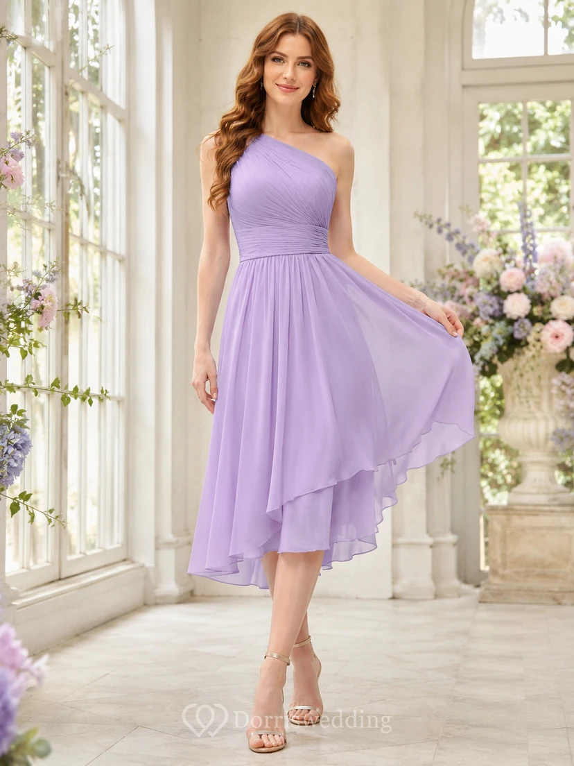 Violet Cascade Lavender A-Line High-Low One-Shoulder Sleeveless Chiffon Romantic Guest Dress
