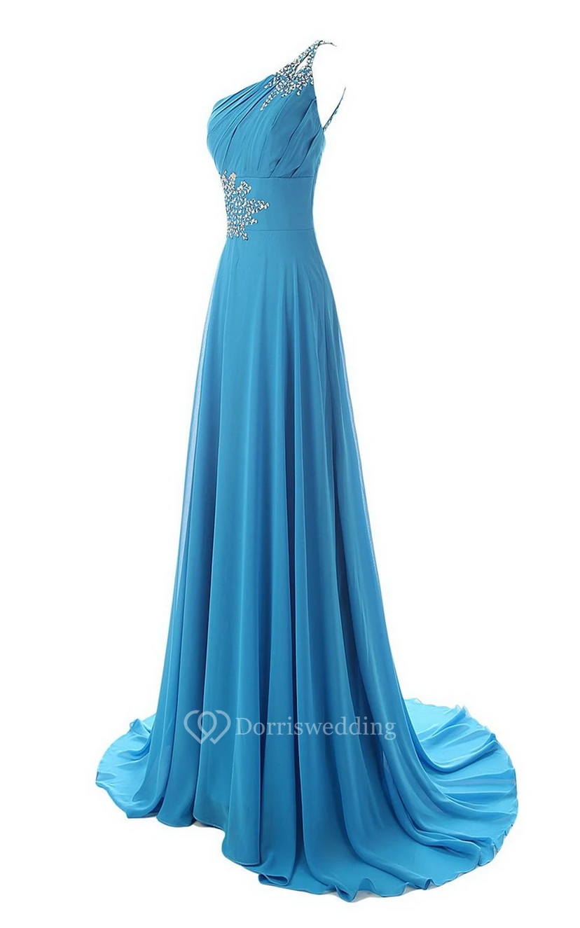 One-shoulder Ruffled Gown With Beadings and Sweep Train view 2