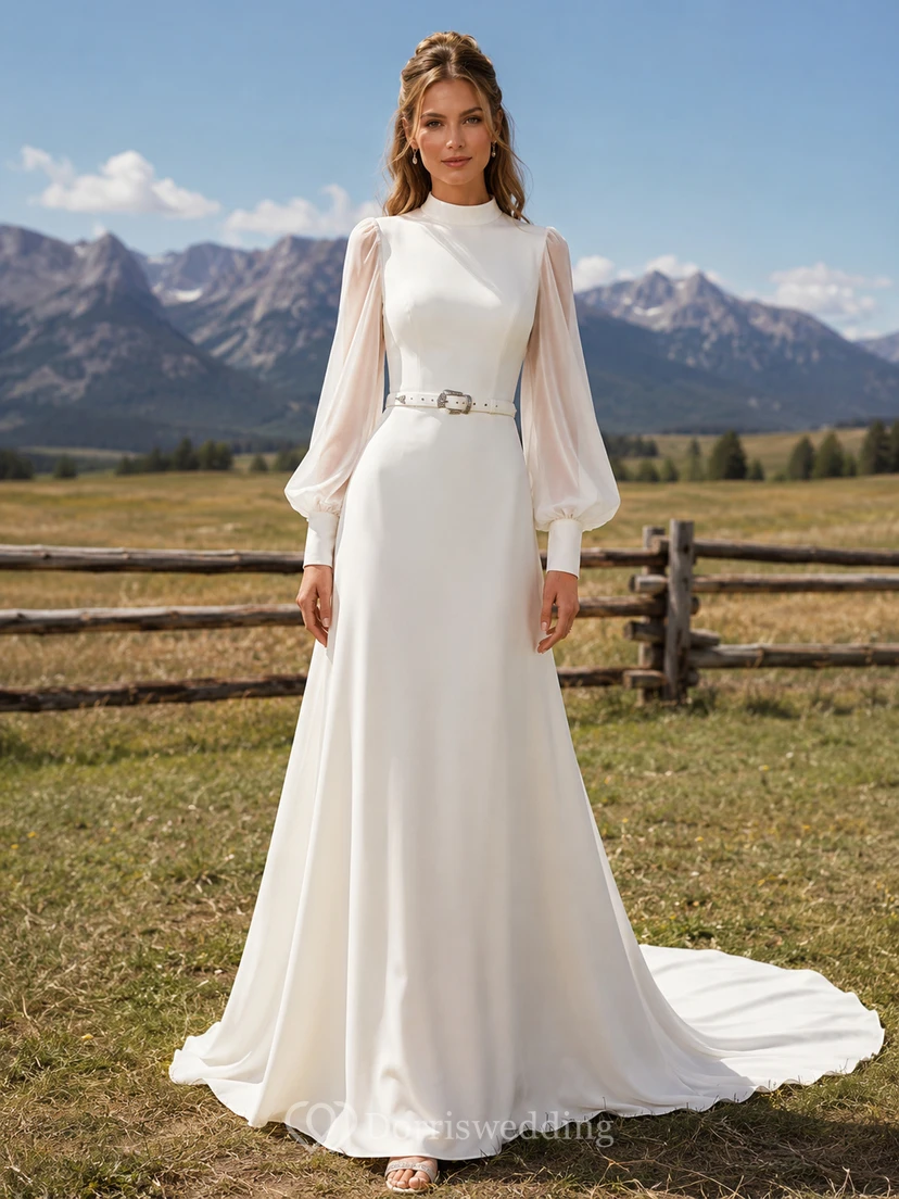 Vestido de novia de corte A estilo capilla, de estilo rústico occidental, con cuello alto, mangas largas, de satén y cinturón.