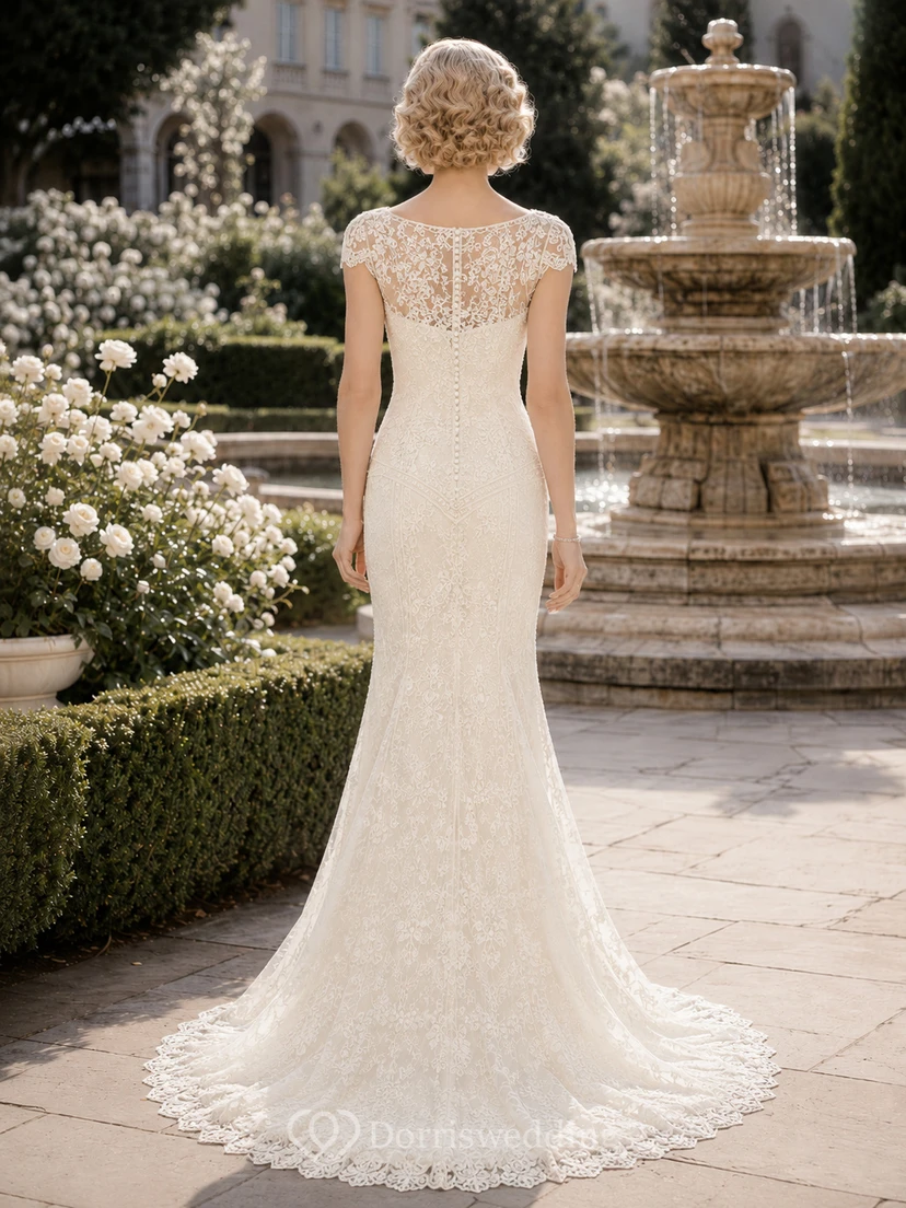 Vestido de novia de corte recto estilo Gatsby con mangas cortas y encaje integral, estilo jardín. view 2