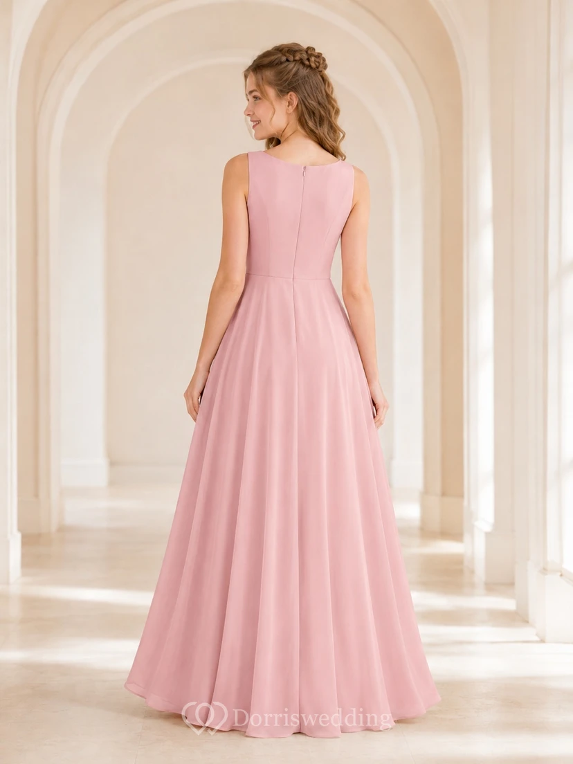 Vestido de dama de honor juvenil rosa ruborizado, corte en A, sin mangas, de gasa sencilla. view 2