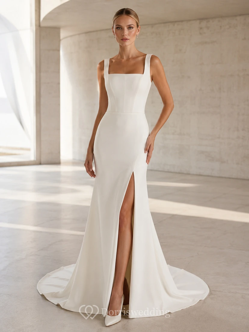 Vestido de novia minimalista de satén estilo sirena con escote cuadrado, sin mangas y cola larga.