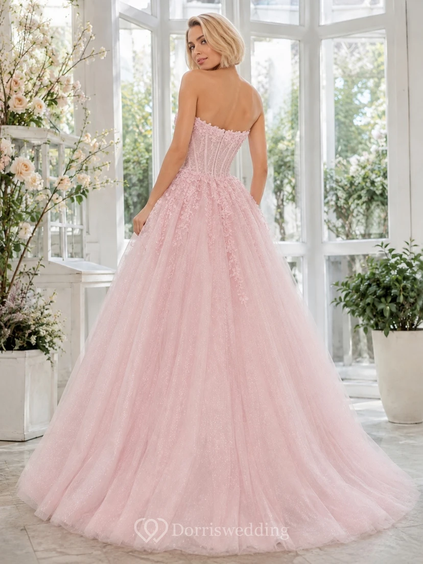 Pearl Pink Beaded Sweetheart Tulle Ball Gown Prom Dress view 2