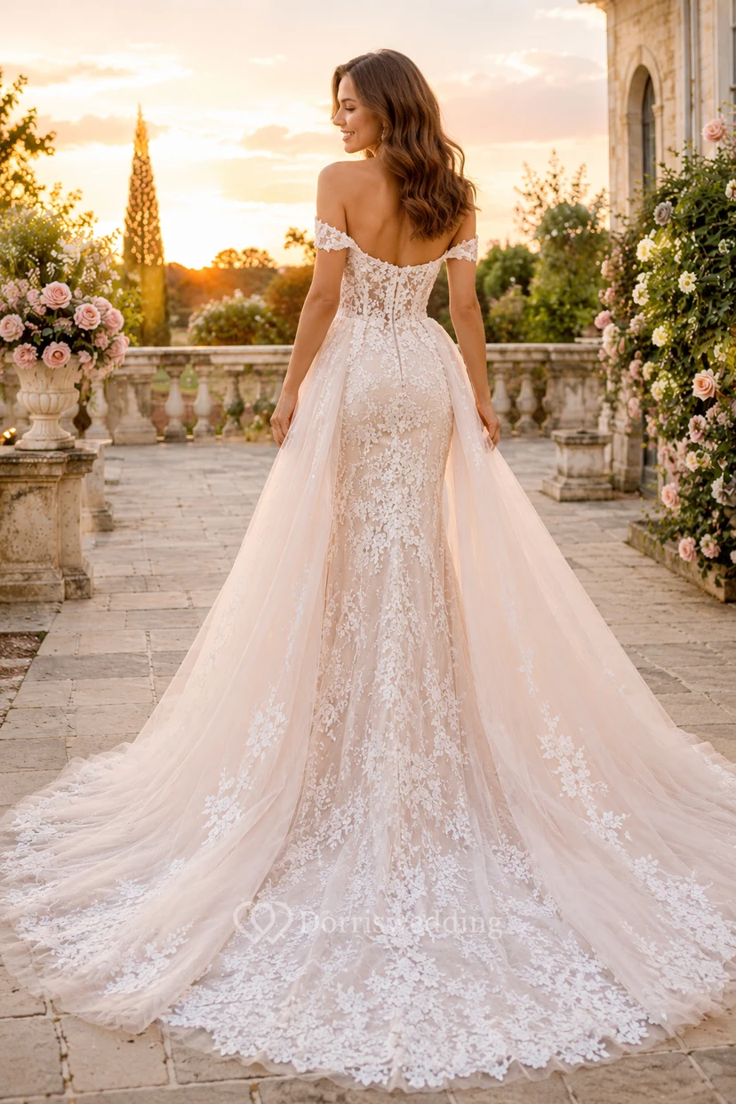 Robe de mariée sirène en dentelle et tulle, épaules dénudées, manches courtes et traîne chapelle view 2