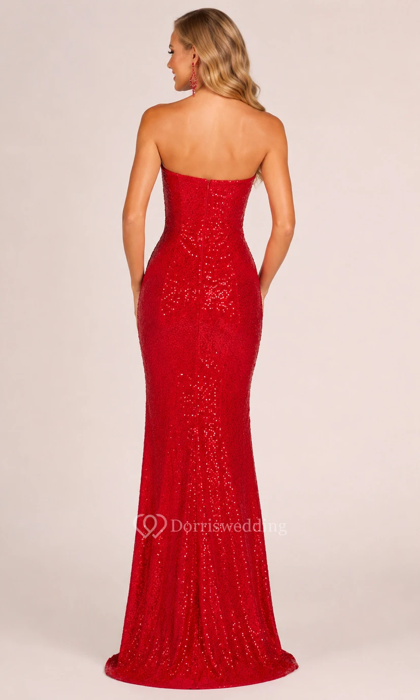 Vestido de fiesta rojo con lentejuelas, vestido largo de sirena sin tirantes con lentejuelas. view 2