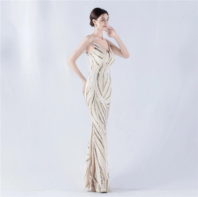 Sequined Striped Color Matching Slim Dinner Host Suspender Long Dress For Women view 22