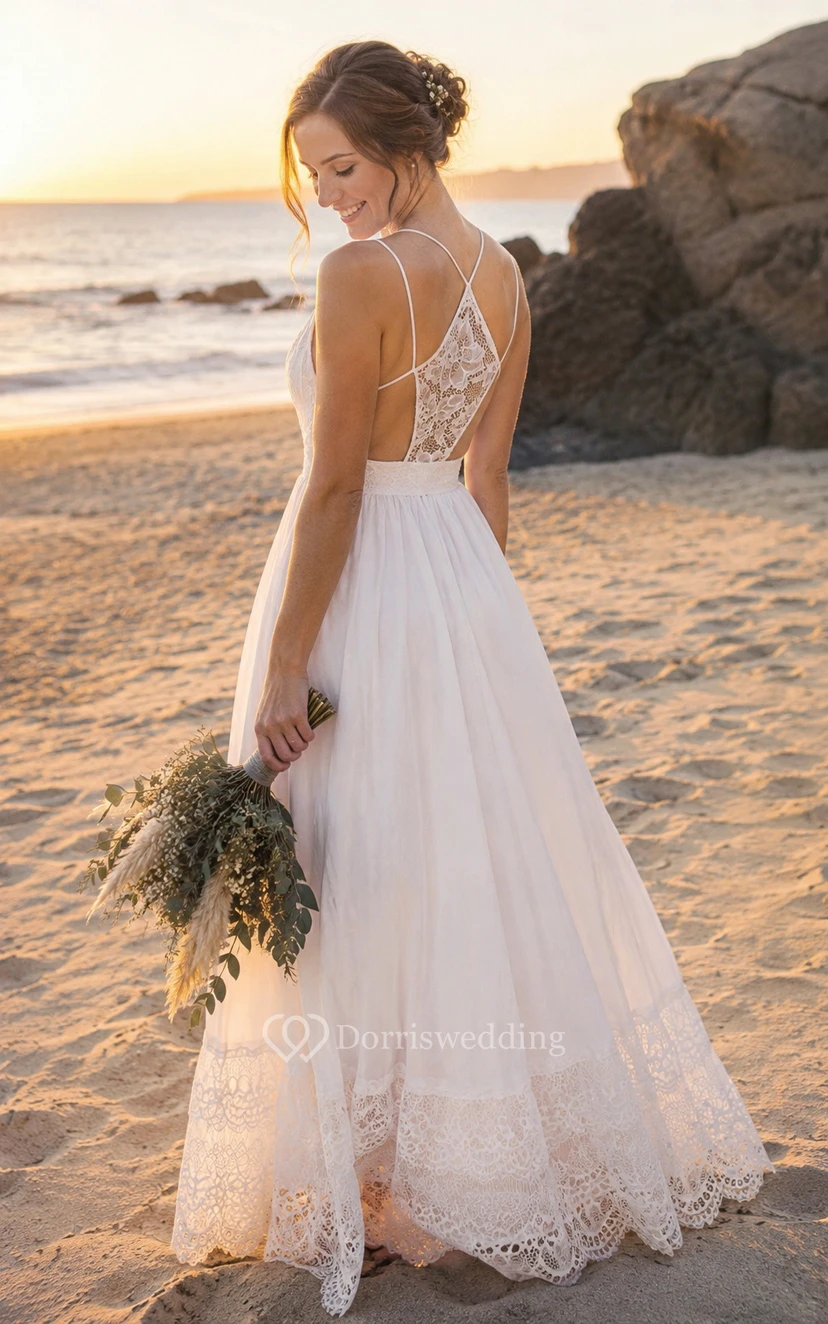 Robe de mariée blanche à fines bretelles en dentelle et tulle, coupe trapèze view 10