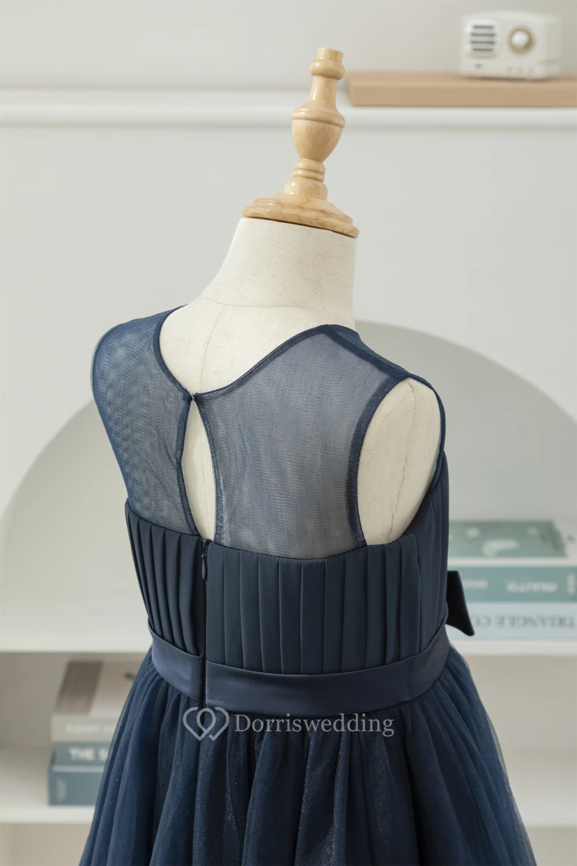 Dark Navy Chiffon Pleated Sleeveless Casual Flowergirl Dress view 9