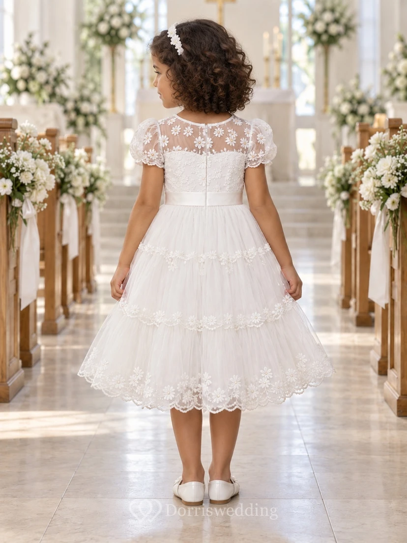 Vestido de niña de flores blanco de corte A con estampado floral, mangas abullonadas y volantes festoneados, largo hasta la rodilla. view 2