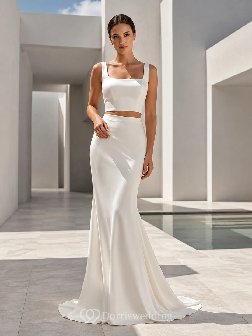 Square Strap Satin Crop Top Mermaid Architectural Bridal Set