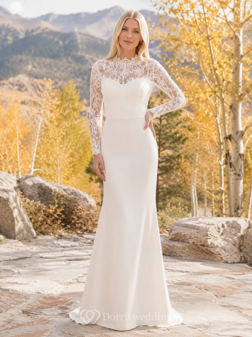 Modest High-Neck Long-Sleeve Lace Sheath Floor-Length Elopement Wedding Dress