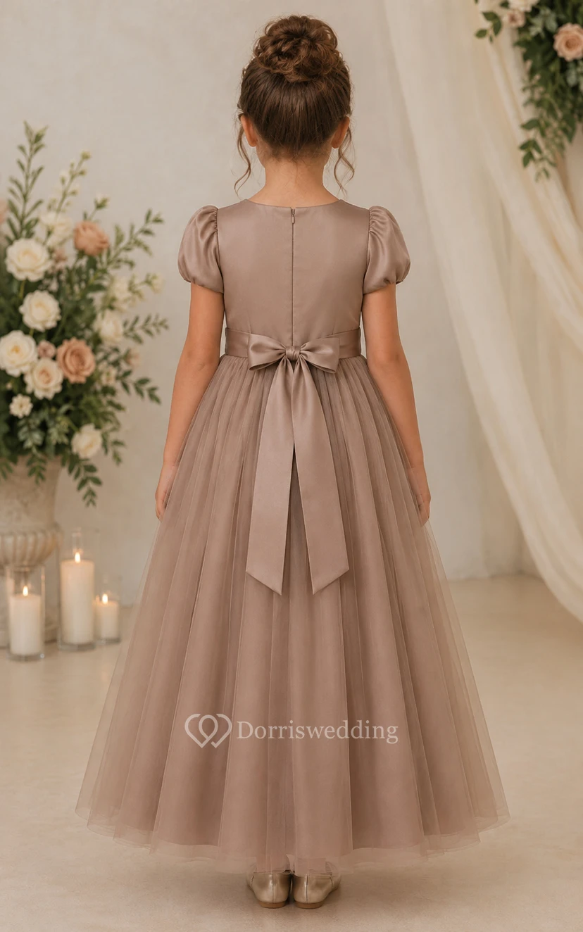 A-line Floor Length Cap Sleeve Tulle Flower Girl Dress with Taupe cap sleeves and simple tulle skirt view 2