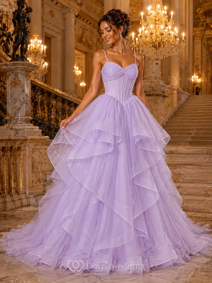 Tüll-Abendkleid in zartem Rosa, Spaghettiträger, bodenlanges Ballkleid mit Herzausschnitt, Stufen und Rüschen view 5