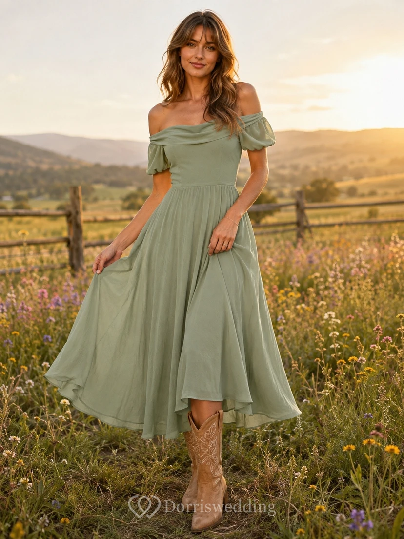 Salbeigrünes schulterfreies, kurzärmeliges Chiffon-Midikleid im A-Linien-Stil im Landhausstil