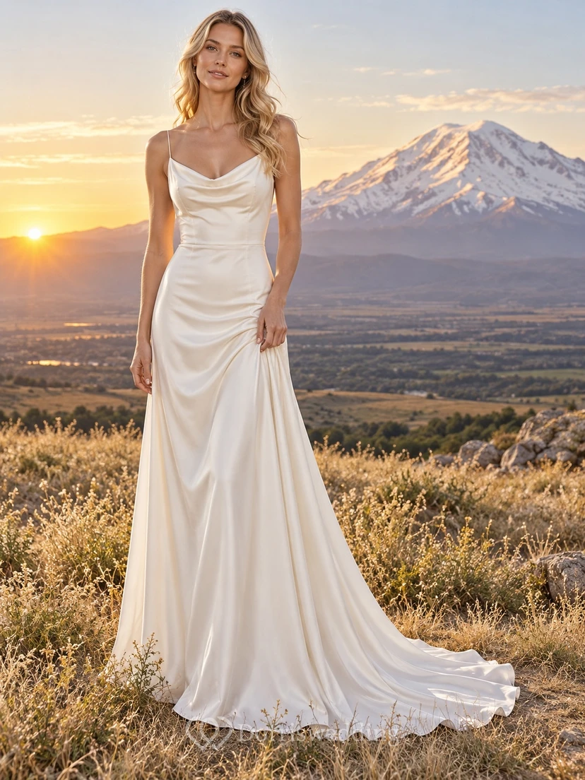 Schlichtes, ärmelloses Brautkleid aus Satin mit Wasserfallausschnitt und Schleppe