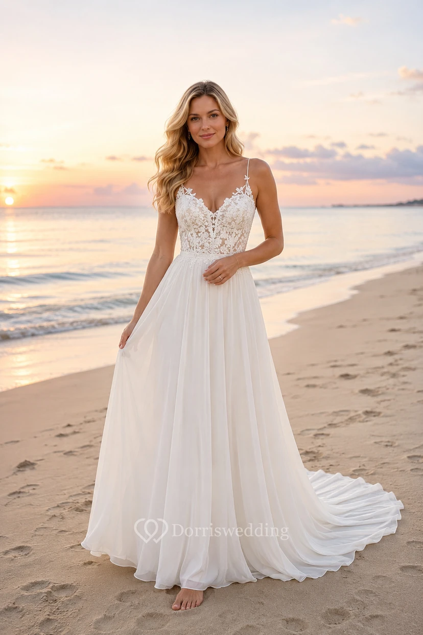 Vestido de novia de corte A con tirantes finos para la playa