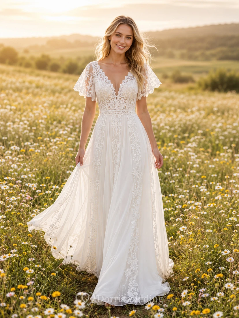 Robe de mariée trapèze en dentelle à manches papillon style bohème pour petites filles