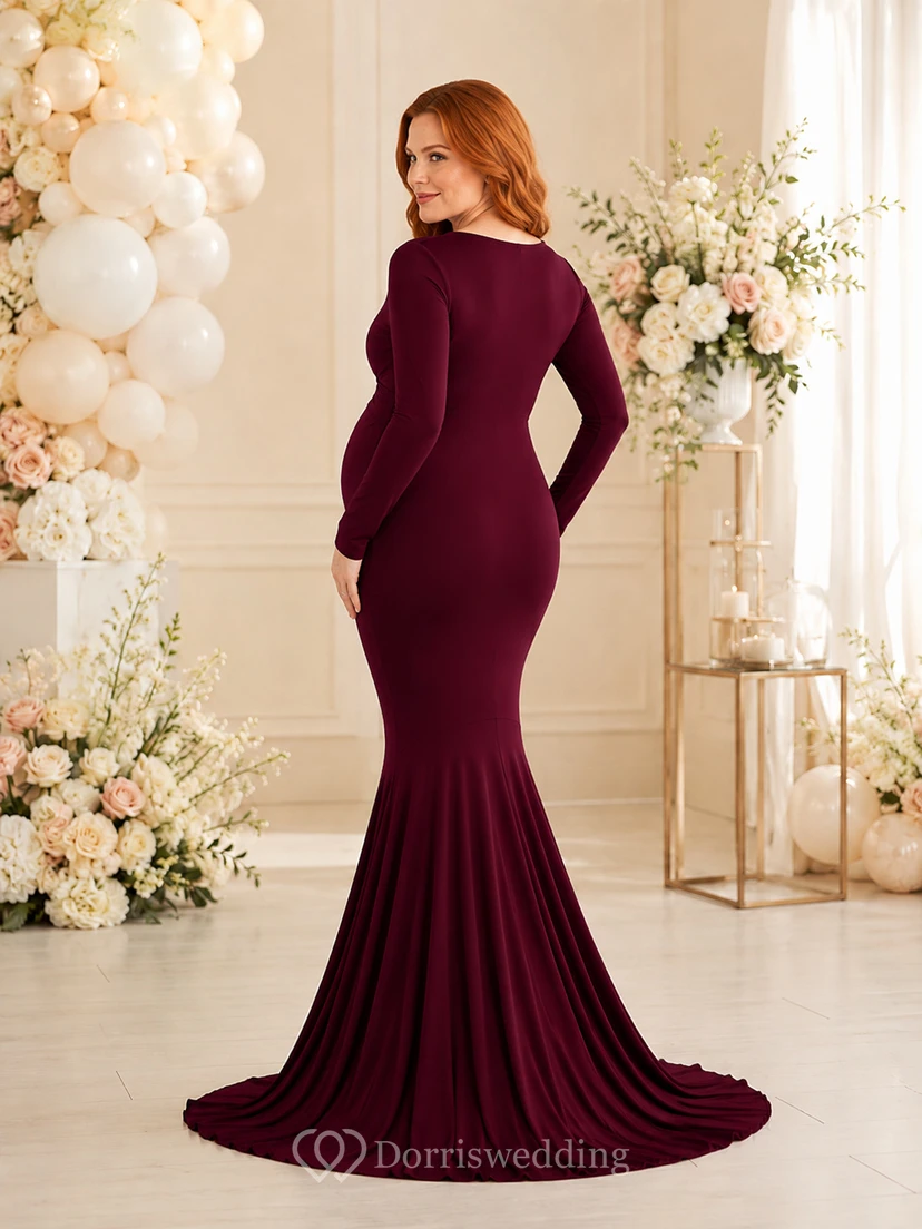Burgundy Maternity V-Neck Long Sleeve Mermaid Sweep Train Evening Dress view 2