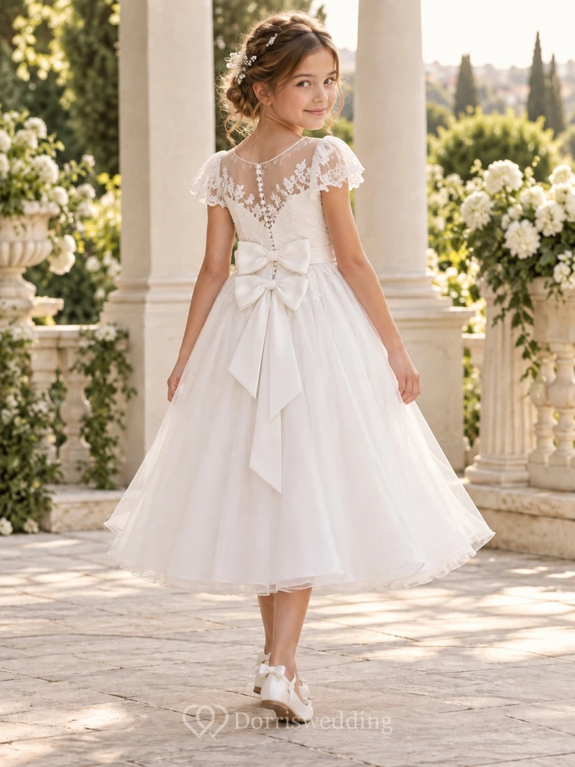 Vestido de niña de flores blanco de corte A con encaje y tul, manga corta, efecto ilusión y doble lazo, largo hasta la rodilla. view 2