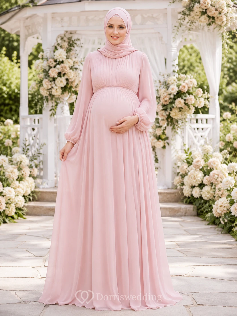 Zartrosa Umstandskleid aus Chiffon mit hohem Kragen, Poetenärmeln und Falten, geeignet für Hijab-Träger