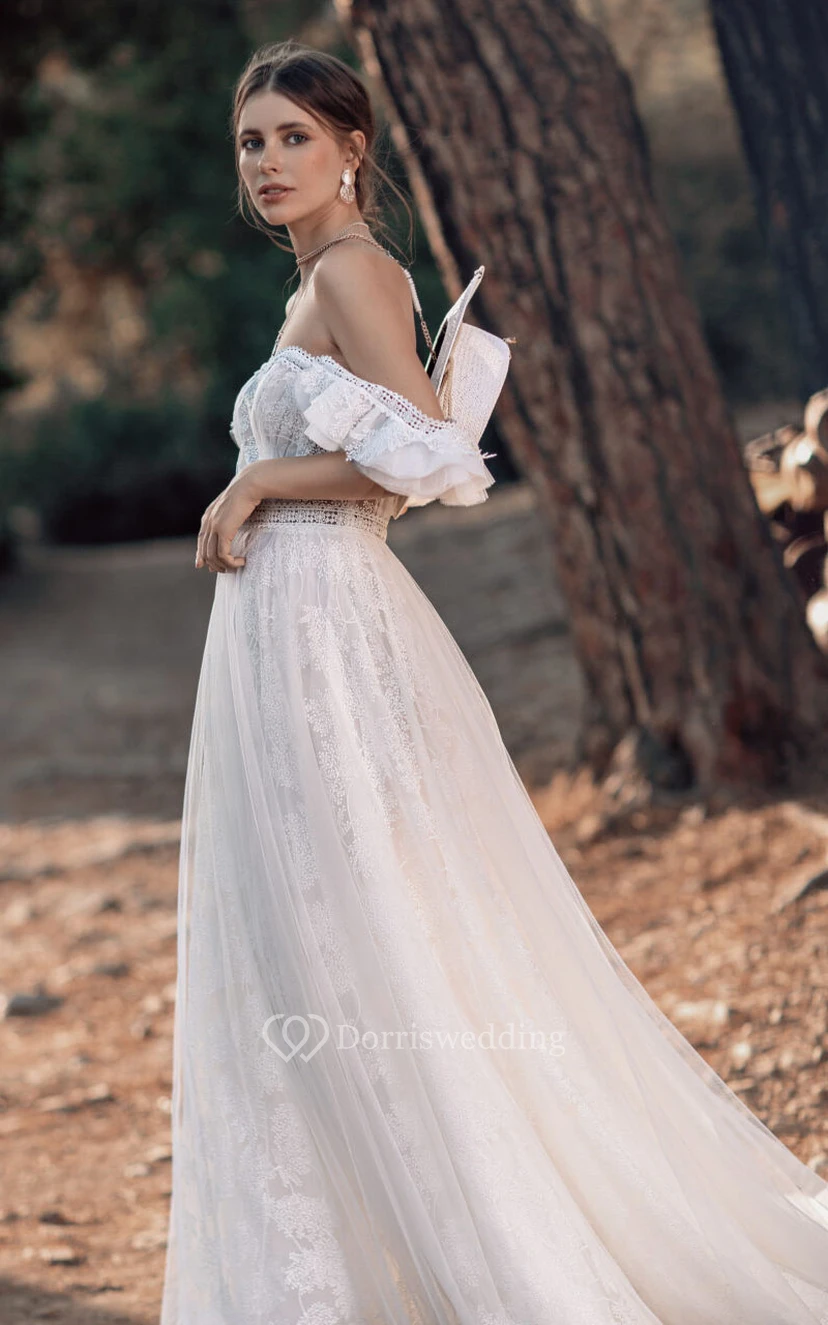 Sweetheart Empire Tulle Pleated Off-the-shoulder Lace A-line Boho Wedding Dress view 4