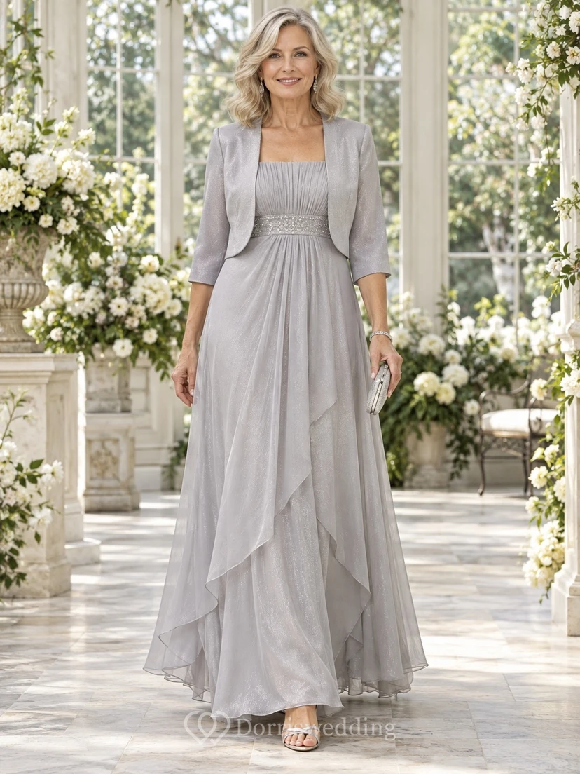 Vestido de novia plateado estilo imperio, corte A, largo hasta el suelo, con escote cuadrado y chaqueta corta con cuentas, ideal para la madre de la novia.