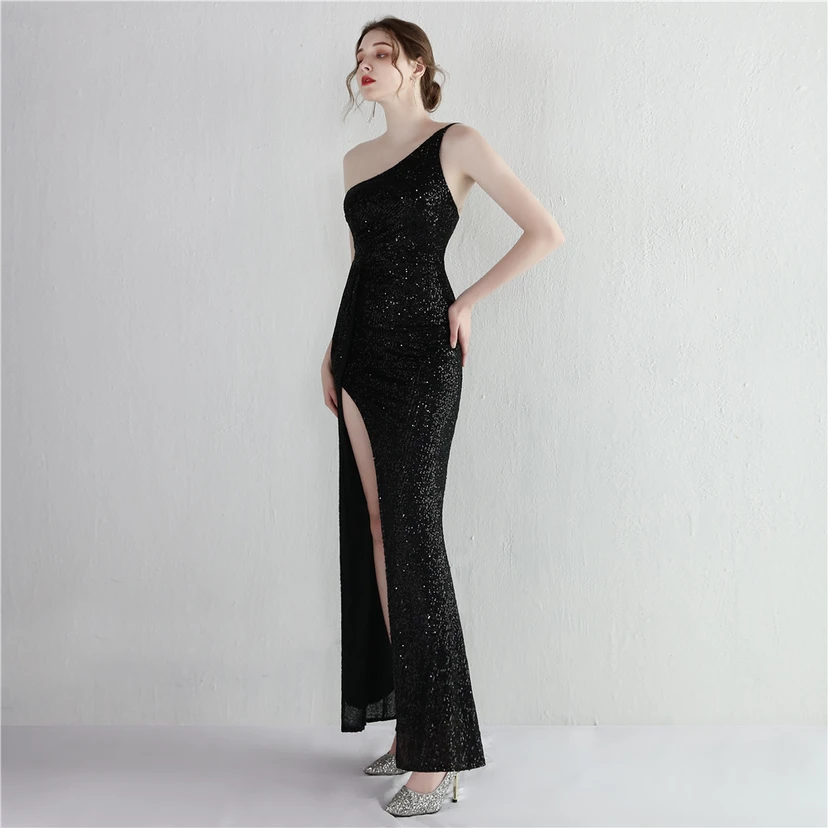 Sequined One-Shoulder Celebrity Cold Banquet Slit Long Sequin Aura Queen Dinner Fishtail Dress view 89