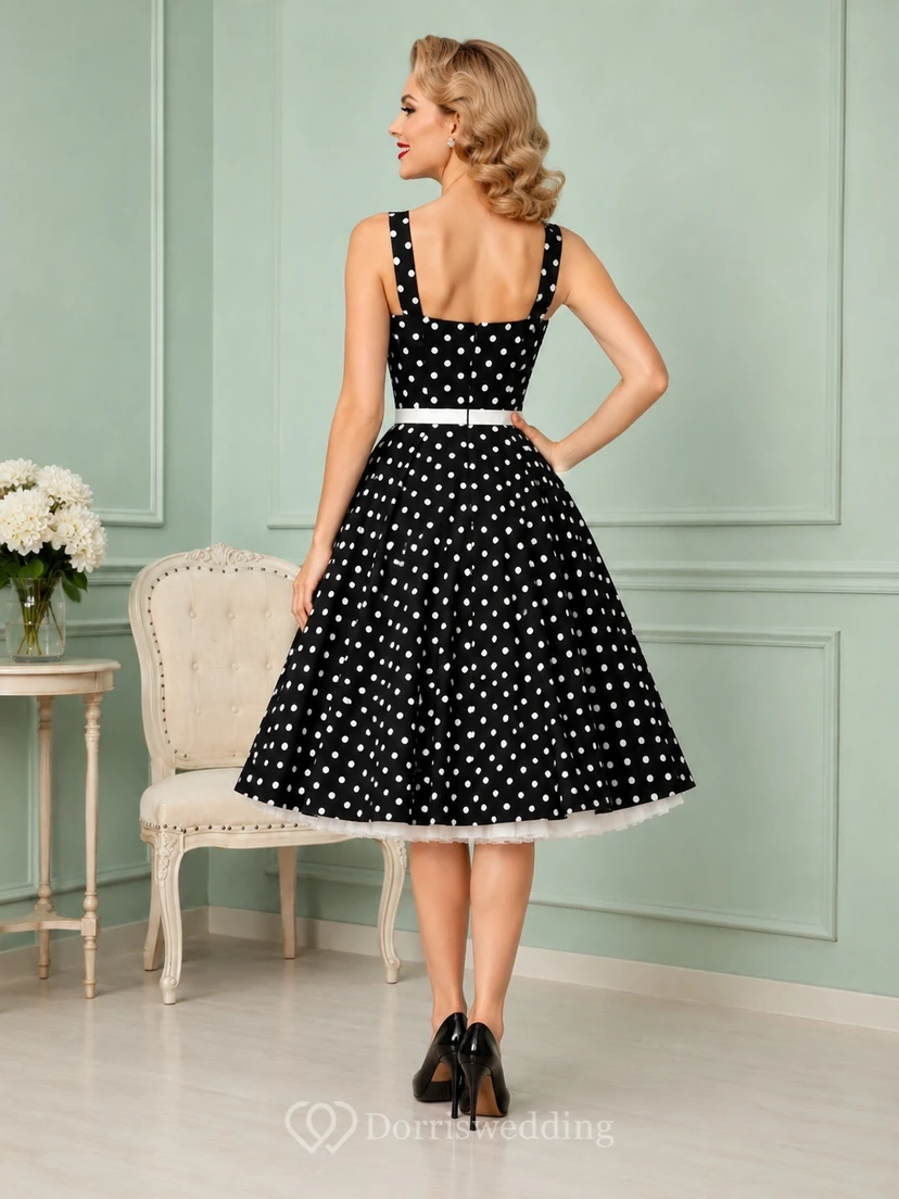 Schwarzes Vintage-Kleid aus Taft mit weißen Punkten, eckigem Ausschnitt und A-Linien-Schnitt, knielang view 2