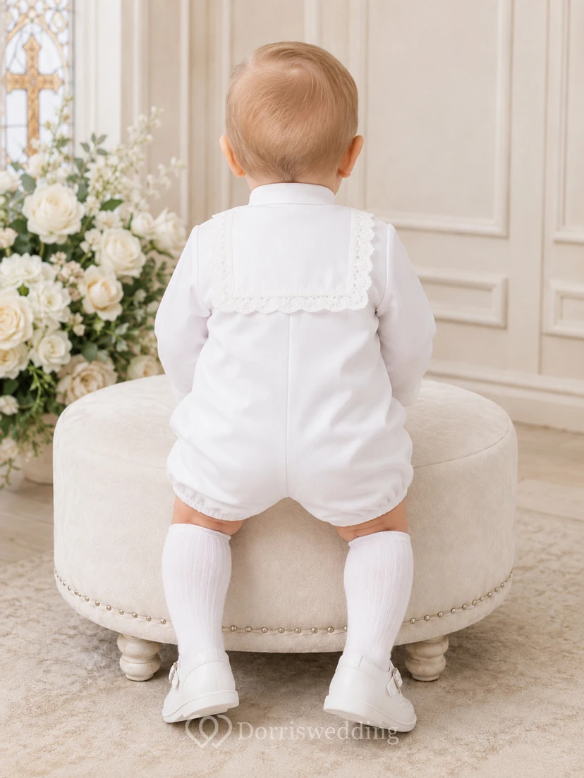 White Lace Ruffle Bib Long Sleeve Christening Bubble Romper for Baby Boy view 2