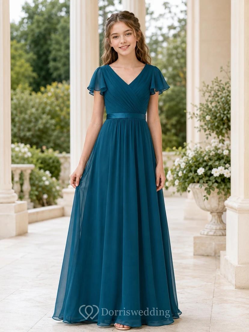 Vestido de dama de honor juvenil color verde azulado, corte en A, escote en V, manga corta, elegante y formal.