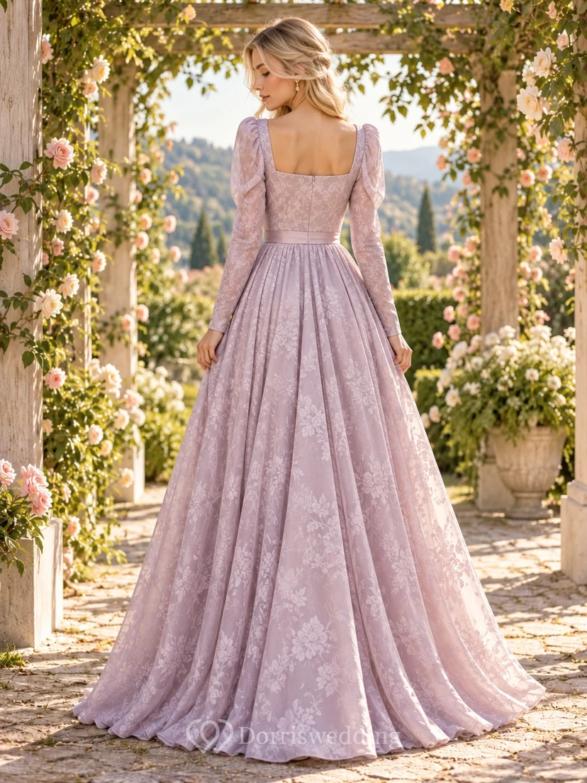 Renaissance Lavender Square Neck Long Sleeve Floral Lace Bridesmaid Dress view 2