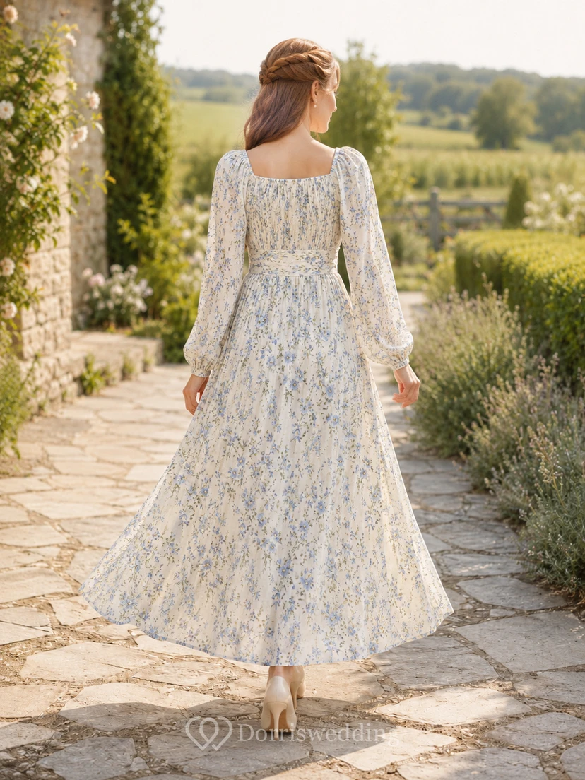 Robe longue trapèze à col carré et manches longues, style modeste, à imprimé floral bleu view 2