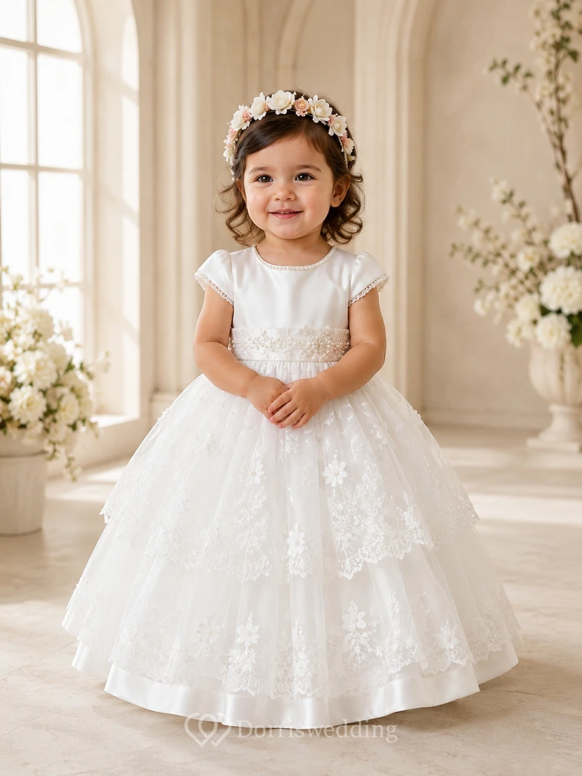 Taufkleid für Babys, A-Linie, Teelänge, Rundhalsausschnitt, ärmellos, Satin, Tüll, florale Details, Schleife am Rücken, Knopfleiste am Rücken