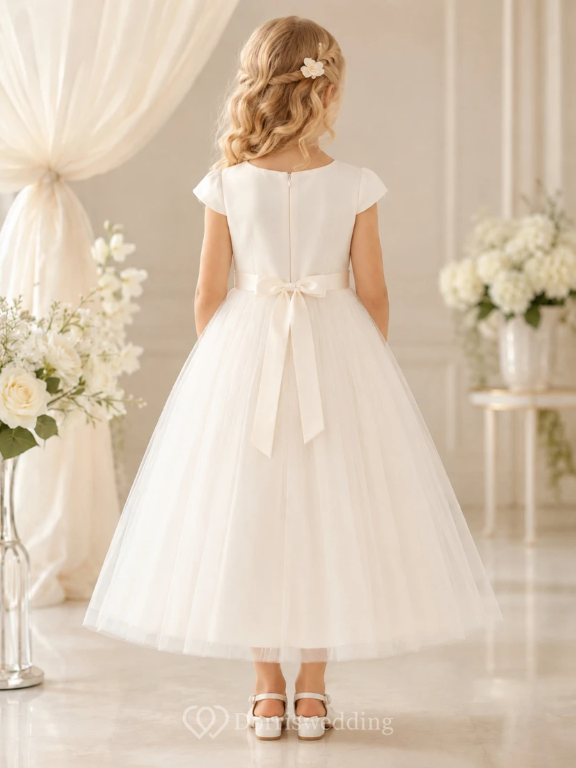 Blumenmädchenkleid aus champagnerfarbenem Tüll in A-Linie mit kurzen Ärmeln, Rundhalsausschnitt und knielanger Silhouette sowie Schleife am Rücken view 2