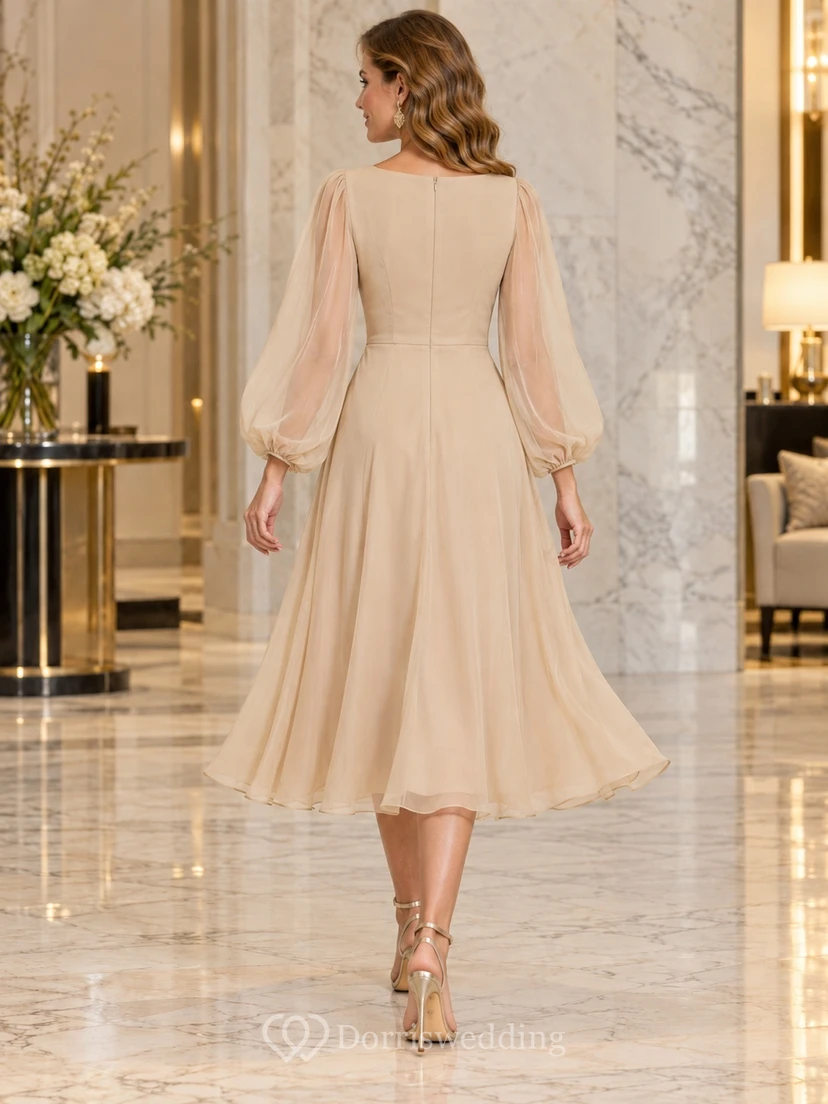 Modest Long Sleeve Champagne Bateau Flowing Tea Length Cocktail Dress view 2
