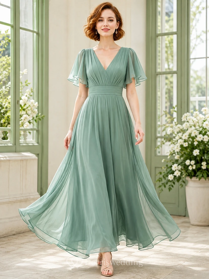 Elegant Sage V-Neck Flutter Sleeve Chiffon Empire A-Line Floor-Length Bridesmaid Dress