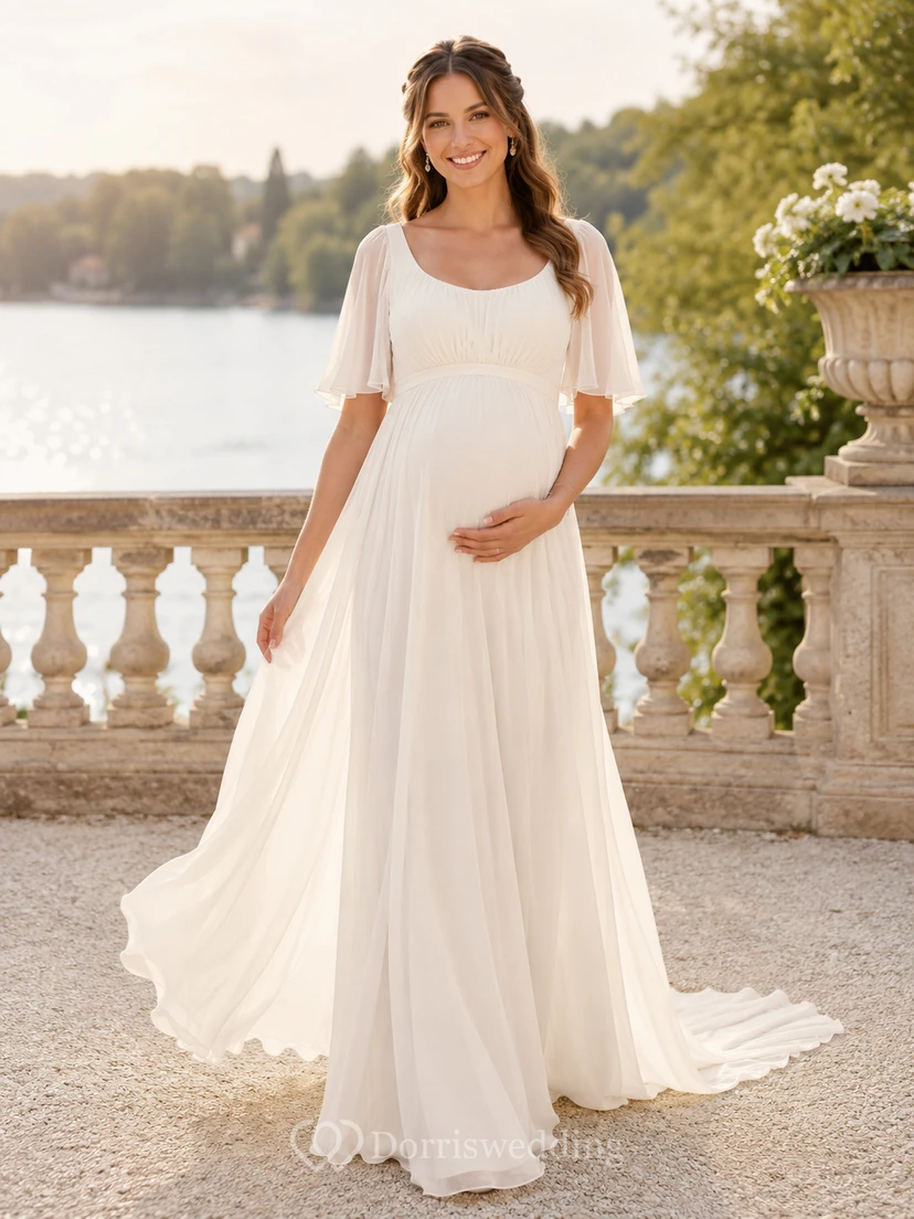Simple Maternity Scoop Flutter Sleeve Chiffon Empire A-Line Sweep Wedding Gown