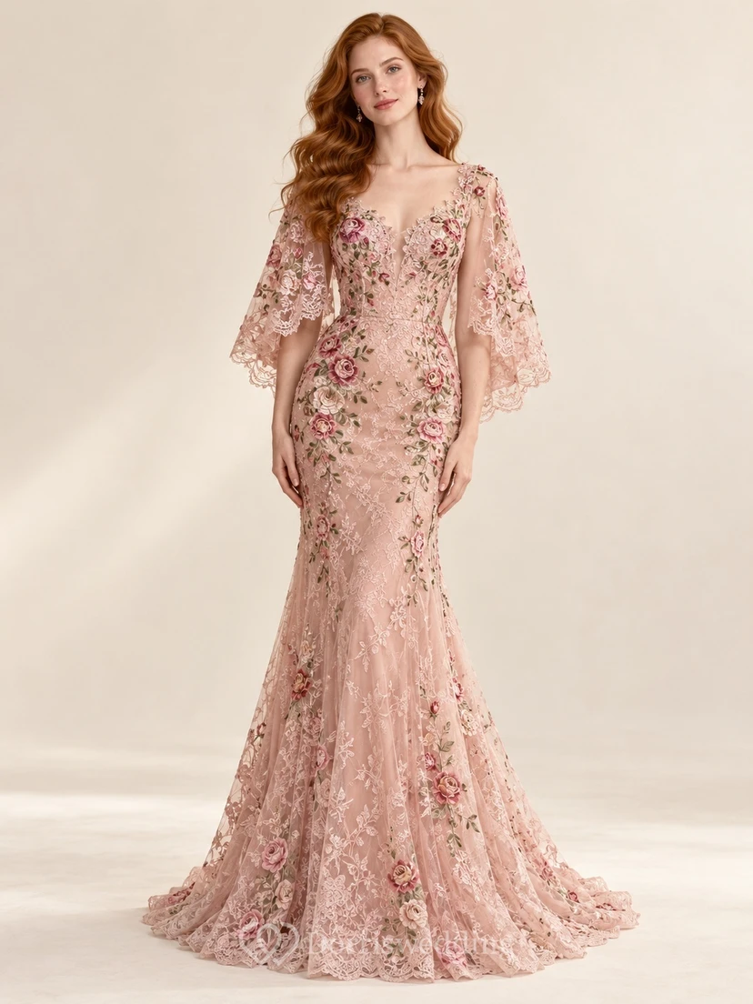 Blushing Pink Rose Embroidered Cape Sleeve Lace Evening Gown