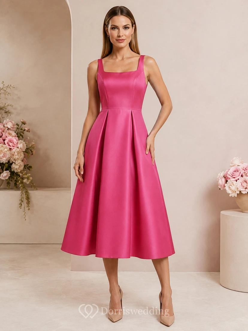 Vestido de cóctel rosa de satén con escote cuadrado, sin mangas, corte en A y largo hasta la rodilla
