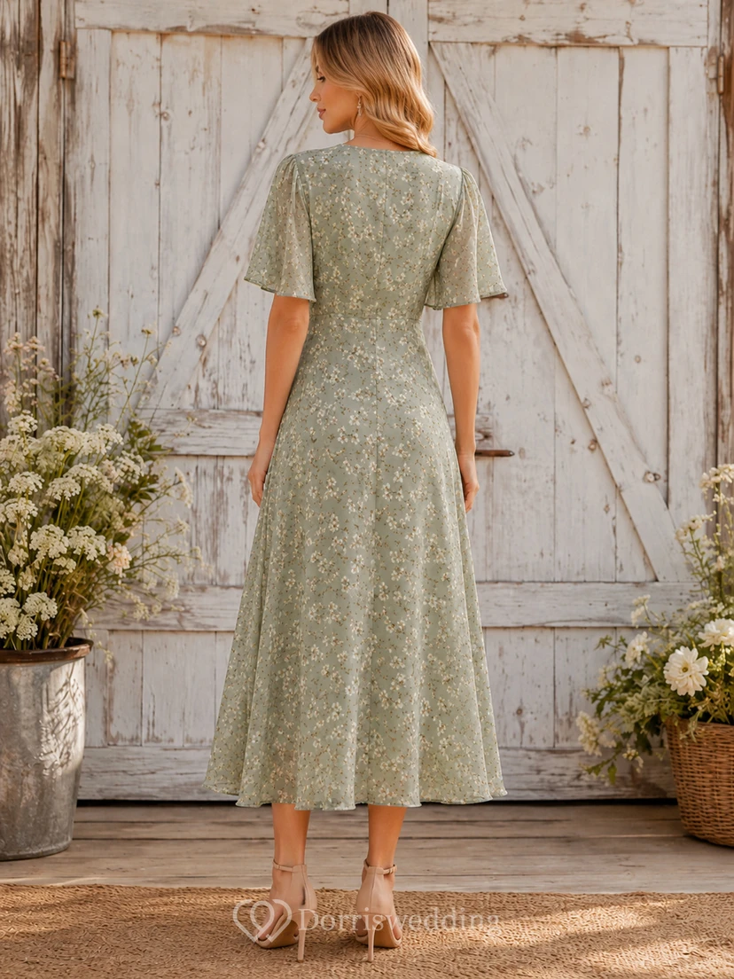 Farmhouse Sage Lace V-Neck A-Line Tea-Length Short Sleeve Guest Dress view 2