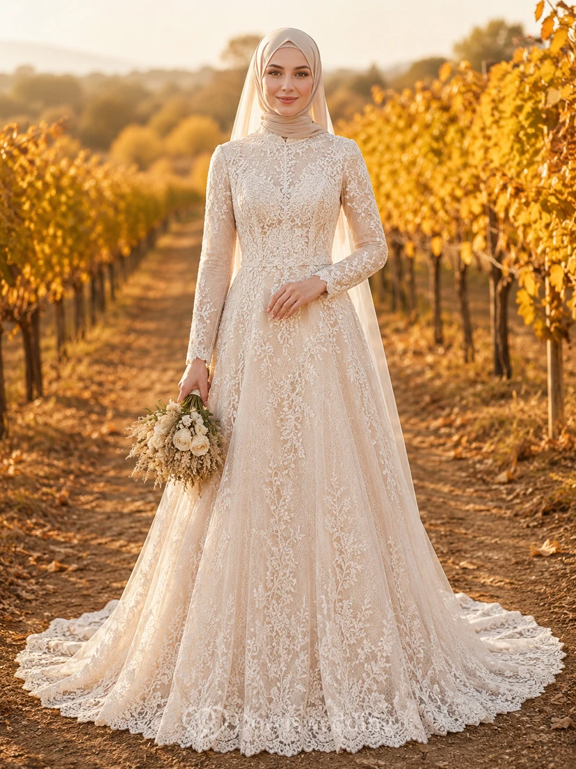 Vestido de novia musulmán modesto de encaje con cuello alto y manga larga, corte en A, ideal para otoño.