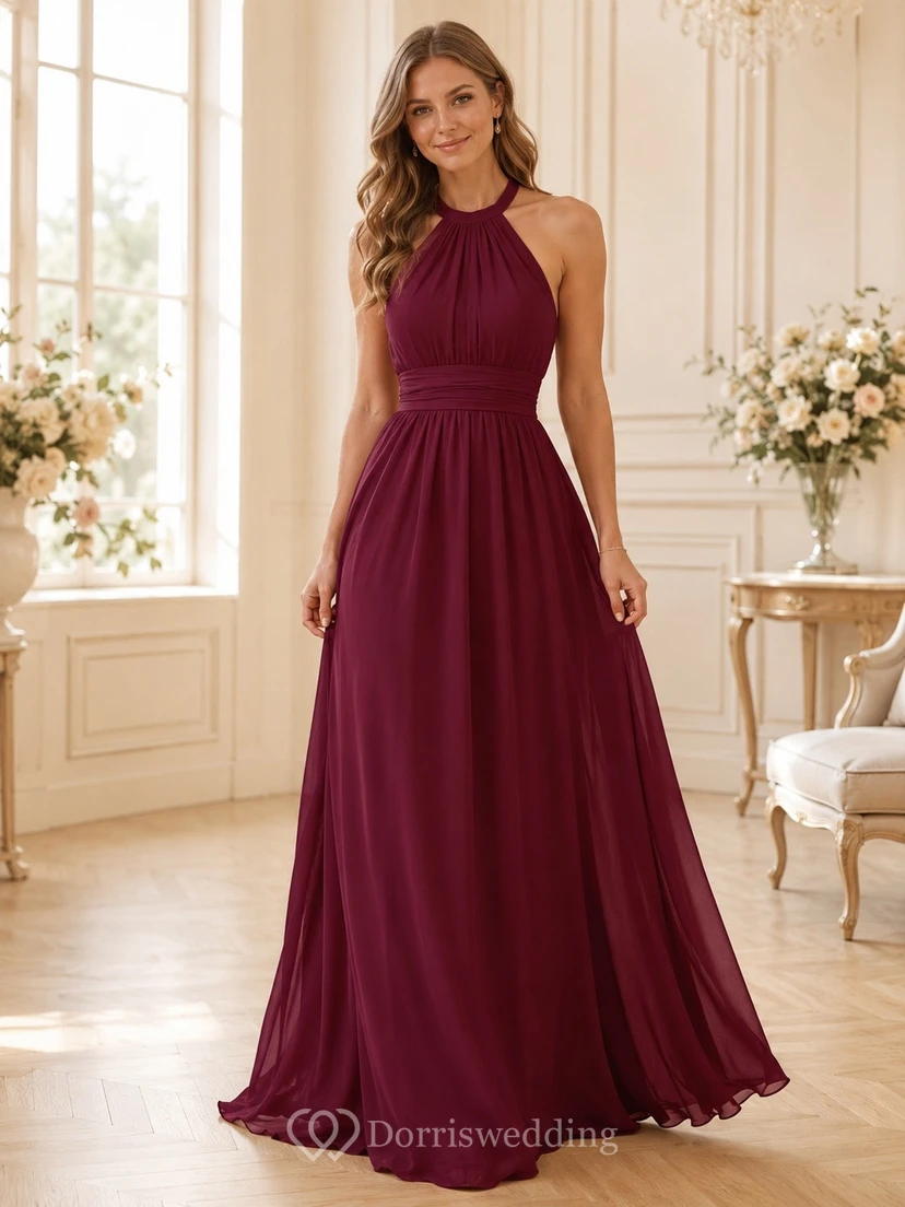 Burgundy Halter Sleeveless Chiffon A-Line Maid Of Honor Dress