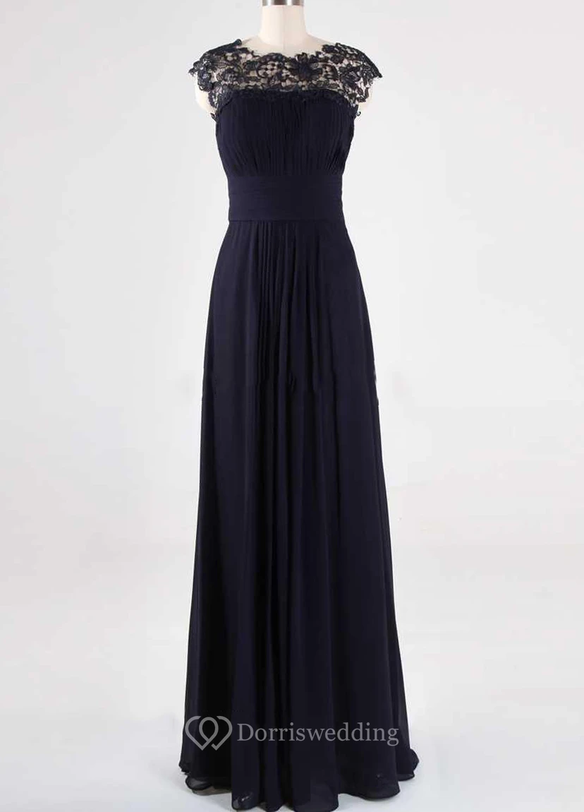 Marineblaues, elegantes Abendkleid aus Georgette-Spitze in individuellen Größen – perfekt für Brautjungfern und festliche Anlässe. A-Linien-Schnitt, bodenlang.