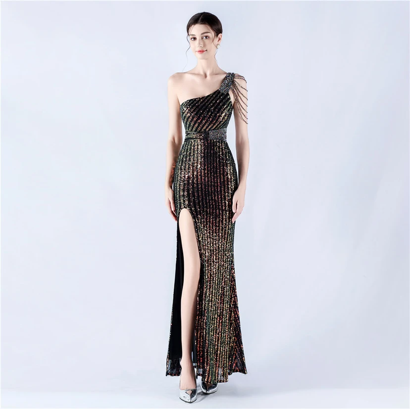 Heavy Beaded One-Shoulder Oblique Collar High Fork Sequin Dinner Dress video preview