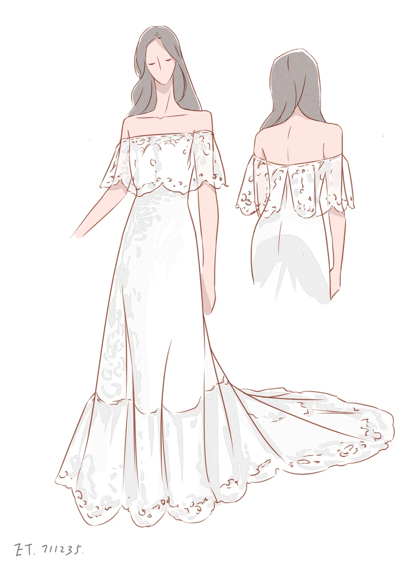 Boho Off-Shoulder Sheath Scalloped Lace Wedding Dress With Long Train view 4
