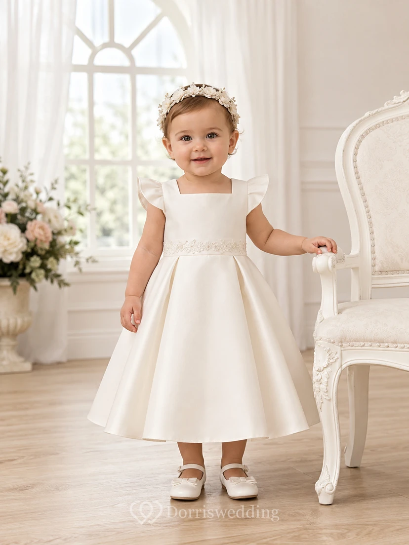 Baby Baptism Christening Ceremony Dress A-Line Tea-Length Square Neck Flutter Sleeve Satin Button Back