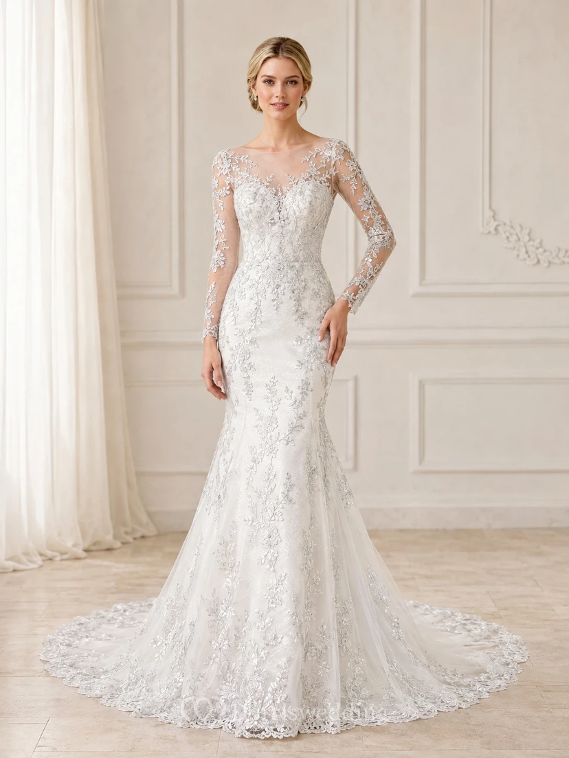 Silbernes Meerjungfrauen-Brautkleid aus Spitze mit U-Boot-Ausschnitt, langen Ärmeln und bodenlangem, elegantem Schleppen-Stil