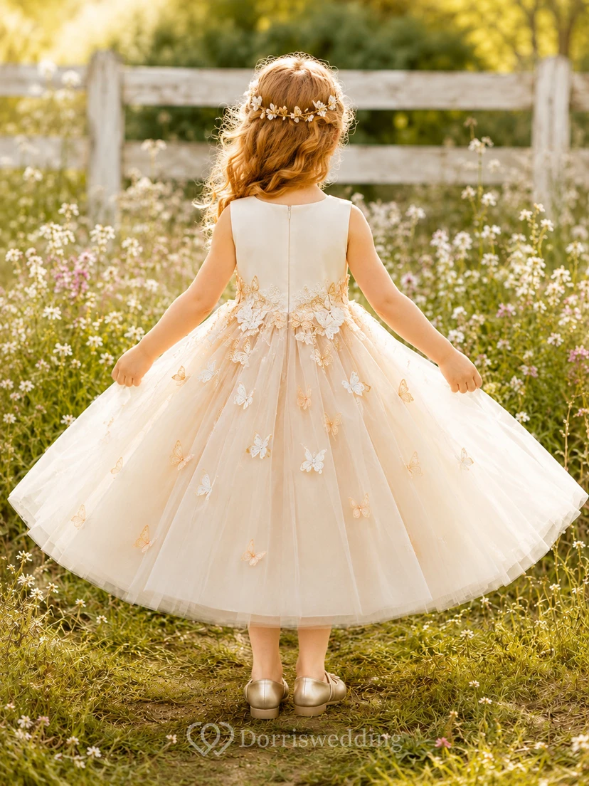 Champagne Flower Girl Dress with Jewel Neck Satin Bodice, Butterfly Applique Waist and Tea-Length Tulle Ball Gown Skirt view 2